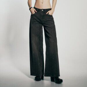 Zara TRF SUPER WIDE LEG RHINESTONE JEANS Black Size 4 (27)